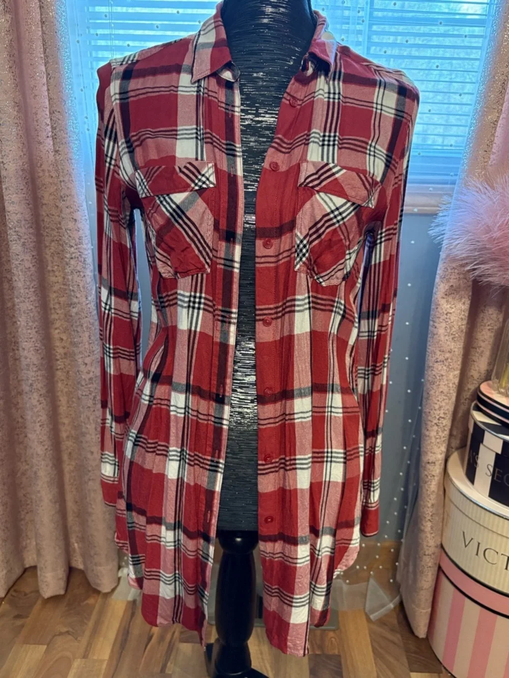 Express Red Plaid Long Shirt - Picture 1 of 5